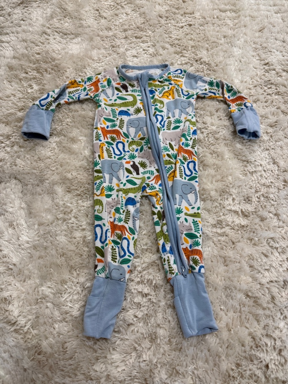 Little Sleepies Blue-Cuffed Safari Animal Footie with Multicolor Print